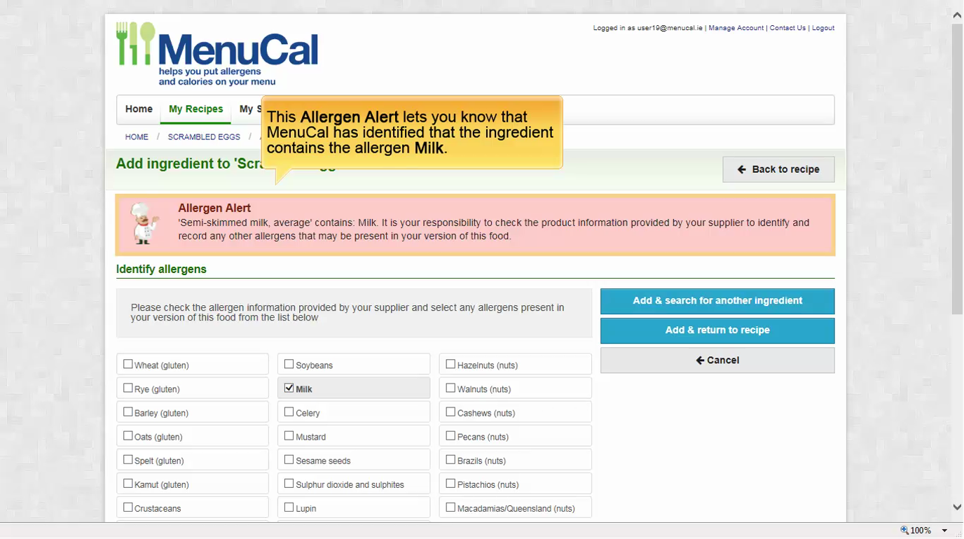 How to use MenuCal to identify Allergens